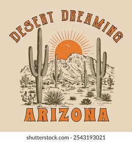 diseño de camiseta de desierto, niñas, niños, mini bebé primavera, verano, otoño Vector de montaña de invierno, impresión gráfica de vibraciones del desierto de Arizona para la moda y otros.  Siente la obra de arte de la puesta del sol para el cartel, fondo 