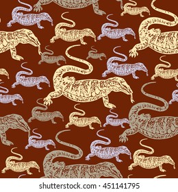 Desert Varan colourful seamless vector pattern on brown background. Realistic engraved style.