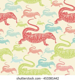 Desert Varan colourful seamless vector pattern on beige background. Realistic engraved style.