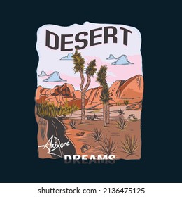 Desert vector Arizona dreams, Western Arizona Desert Illustration Print for T Shirt - Canyon Sketch with Cactus and Sunset Colors - Graphic Tee Pattern Vector