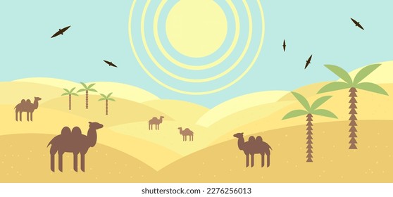 Desert vector horizontal illustration with sand dunes, palm trees, sun and camels. Nature illustration for children's books, prints and designs
desert