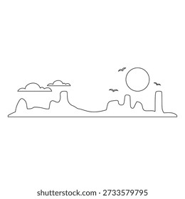 Ícone vetorial do deserto. Placa de ilustração da paisagem da montanha. Símbolo ou logotipo das montanhas.