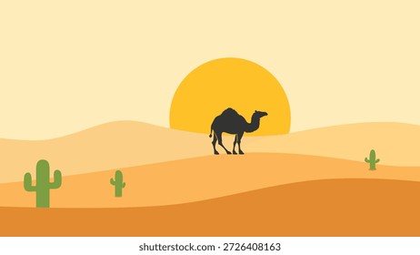 Desert vector illustration with a camel silhouette against a rising sun background. Minimalist landscape for travel, nature, hot climate, survival, to create an atmosphere of tranquility and solitude