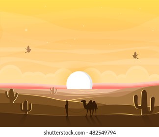 Desierto. Ilustración vectorial, eps10. Paisaje del desierto con puesta de sol, arena, silueta de camello, cactus, pájaro.