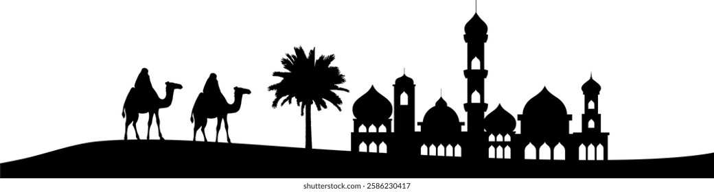 Desert vector illustration featuring a mosque, camels, and date palm trees. Represents Middle Eastern culture, Islamic architecture, travel, and nature in a warm, sandy landscape