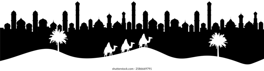 Desert vector illustration featuring a mosque, camels, and date palm trees. Represents Middle Eastern culture, Islamic architecture, travel, and nature in a warm, sandy landscape