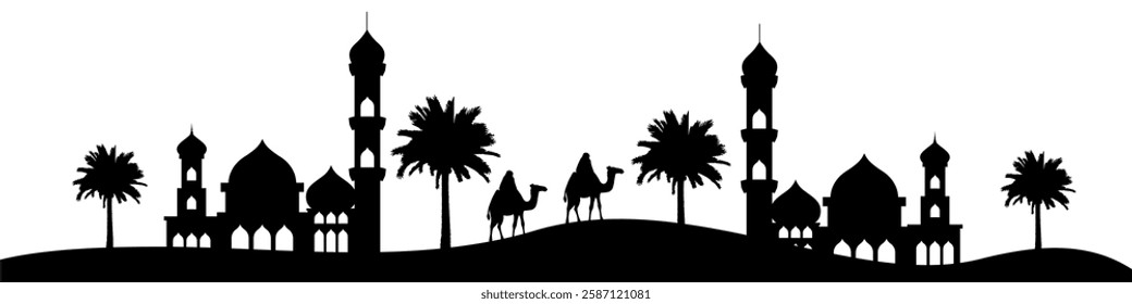 Desert vector illustration featuring a mosque, camels, and date palm trees. Represents Middle Eastern culture, Islamic architecture, travel, and nature in a warm, sandy landscape