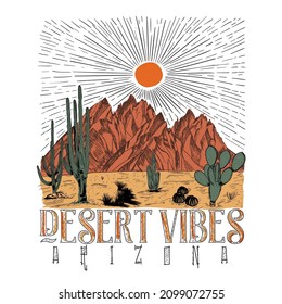 Desert Vector illustration  summer mountain sunset background in 80s style retro graphic. hand sketch apparel t-shirt artwork.