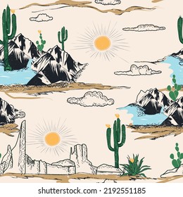 desert vector Pattern, mountain, cactus, sea, sky, sun, Seamless pattern vector summer cactus on desert mix with beautiful blooming succulents flower for fashion fabric and all prints, Cactus seamless