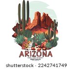 Desert vector print design for t shirt and others. Arizona cactus graphic design for apparel, stickers, posters and background. Cactus and flower artwork.	