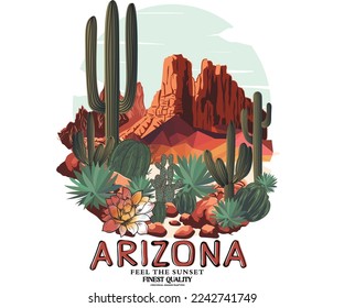 Desert vector print design for t shirt and others. Arizona cactus graphic design for apparel, stickers, posters and background. Cactus and flower artwork.	