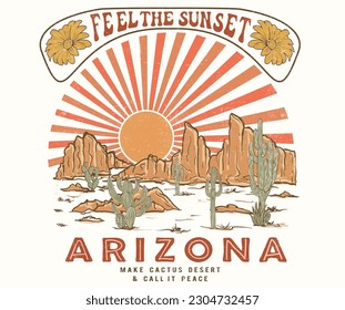 Diseño de impresión vectorial del desierto para camisetas y otros. Diseño gráfico de cactus de Arizona para ropa, pegatinas, afiches y fondo. Obra de cactus y flores.