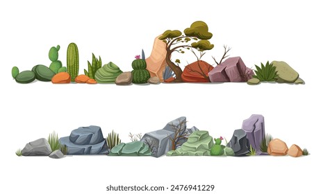 Desert vegetation and rocks, cartoon borders composition set. Bush and grass, green cactuses and trees growing in dry ground among mountain stones, cartoon desert landscapes vector illustration