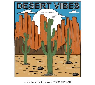 Desert vibe graphic print design. Cactus wild vector design for fashion. Outdoors striker artwork.