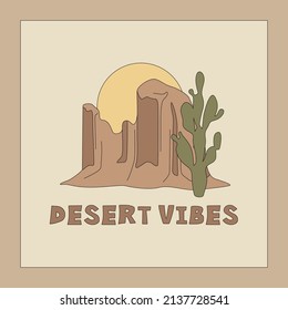 Desert vibes aesthetic banner template with desert mountain, cactus, and sun. Square stylish poster or card. Earthy color palette. Vector illustration with editable stroke.