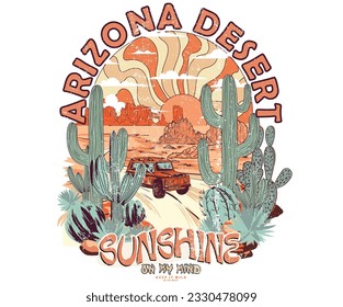 Obra de arte de vibraciones del desierto. Diseño de camiseta vectorial de línea Arizona Cactus. 