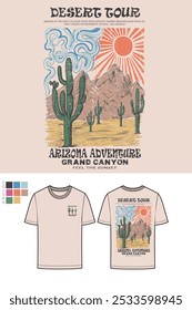 Diseño de ilustraciones de vibraciones del desierto para pegatina, póster, fondo, moda y otros. Arte gráfico del recorrido del desierto. Diseño del Vector del árbol del cactus. Sol con obras de arte del cielo. Diseño colorido de la impresión de Arizona para la camiseta.