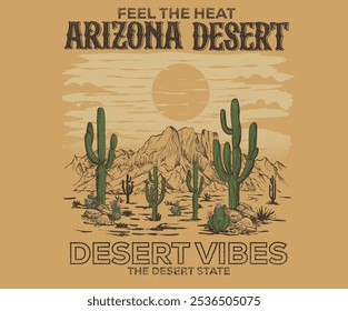 Desert vibes artwork design for sticker, poster, background, fashion and others. Mountain artwork. Cactus tree vector design. Sunshine artwork. Arizona vintage print design for t shirt.