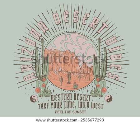 Desert vibes artwork design for sticker, poster, background, fashion and others. Arizona vintage print design for t shirt. Western desert artwork. Cactus with flower design. Desert adventure art.