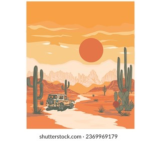 Desert vibes artwork  for t-shirt,  poster, wall art, stickers, background and others. Desert modern vintage art. Wall painting design. Cactus wild vector.