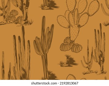 
Desert vibes with cactus patterns , Cactus seamless pattern. Sketchy style illustration. Succulent collection. Vector illustration, Various cactus collection. Vintage silhouette style illustration.