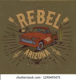 Desert vibes and cactus with slogan western road tripper style t-shirt design, print, typography, label with styled saguaro cactus and rocks. Vector illustration.