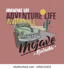 Desert vibes and cactus with slogan western road tripper. t-shirt design, print, typography, label with styled saguaro cactus and rocks. Adventure Life Mojave Nevada.