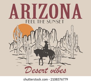 Desert vibes with cactus vintage graphic print design for t shirt and others. Arizona adventure artwork.