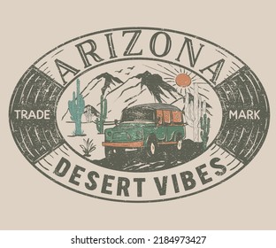 Desert vibes with cactus vintage graphic print design for t shirt and others. On The Road Arizona Desert adventure, background. Safari. Wild West. Vector artwork. Car illustration.