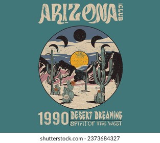 Diseño del Vector Occidental de las vibraciones del desierto Cactus. Diseño de impresión de vibraciones del desierto para ropa. Estado de Arizona.