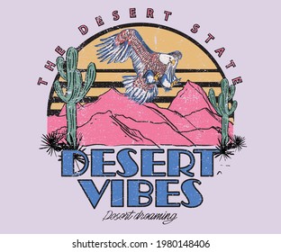 Desert vibes with eagle t-shirt design. Eagle flaying over desert graphic design.