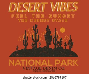 Desert vibes explore vector t shirt design. Mountain cactus graphic print artwork for apparel, sticker, poster and others.