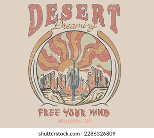 El desierto Vibes, siente la puesta de sol. Impresión gráfica de montaña. Desierto Wild Wanderlust. Pintura gráfica del desierto de Arizona para prendas de vestir, camisetas, pegatinas, afiches, papel pintado y otros. Árbol de cactus.