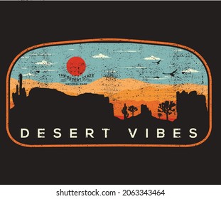 Desert vibes graphic artwork for t shirt and others. Mountain with cactus, joshua tree vintage hand sketch print design. 