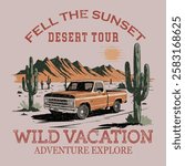 Desert vibes graphic print design for apparel, stickers, posters and background. Arizona desert mountain in cactus flower, Arizona desert vibes graphic print for fashion and others. Cactus  artwork.