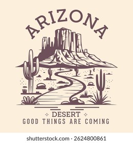 Desert vibes design gráfico de impressão para vestuário, adesivos, cartazes e fundo. Arizona deserto vibes impressão gráfica para moda e outros.  Arte exterior vintage ocidental. Camiseta do deserto do Arizona