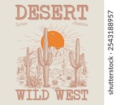 desert vibes graphic print for fashion and others.  Vintage artwork for apparel, sticker, batch, background, poster and others. Arizona Cactus line vector t-shirt design. desert vibes artwork.