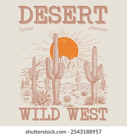 Impresión gráfica de las vibraciones del desierto para la moda y otros.  Antiguas ilustraciones para la ropa, etiqueta engomada, Lote, fondo, cartel y otros. Diseño de camiseta de Vector de línea Cactus de Arizona. ilustración de vibraciones del desierto.