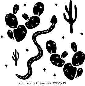 Desert vibes hand drawn T-shirt print. Silhouette black and white art of southwest american and mexican cactuses with snake. Vector isolated clipart of snake, saguaro and opuntia on white background.