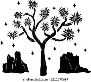 Desert Vibes Hand Drawn T-shirt Print. Silhouette Black And White Art Of Joshua Tree And Mountains With Stars. Vector Isolated Clip Art Of Desert Night On White Background.