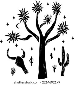 Vibes del desierto con estampado de camisetas dibujadas a mano. Silueta de arte blanco y negro de un árbol Joshua, saguaro, cráneo de búfalo y luna con estrellas. Vector aisló imágenes prediseñadas sobre fondo blanco.