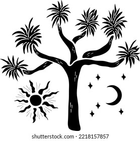 Vibes del desierto con estampado de camisetas dibujadas a mano. Silueta de arte blanco y negro del árbol Joshua, sol y luna con estrellas. Vector aisló imágenes prediseñadas del desierto día y noche sobre fondo blanco.