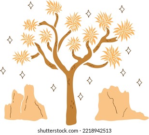 Desert Vibes Hand Drawn T-shirt Print. Silhouette Brown Cartoon Art Of Joshua Tree And Mountains With Stars. Vector Isolated Clip Art Of Desert Night On White Background.