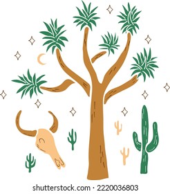 Vibes del desierto con estampado de camisetas dibujadas a mano. Dibujos de dibujos animados coloridos de silueta de árbol Joshua, saguaro, cráneo de búfalo y luna con estrellas. Vector aisló imágenes prediseñadas sobre fondo blanco.