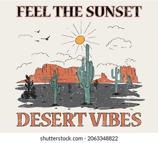 Desert vibes hand paint with and cactus retro graphic artwork for t shirt and others.  vintage  sketch print design for poster, logo, wallpaper, sticker and other uses. 