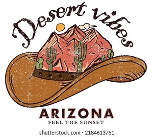 Desert vibes with hat vector t-shirt design. Arizona desert graphic print artwork for apparel, sticker, poster, wallpaper and others.