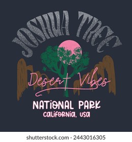 Desert vibes Joshua tree national park California slogan print , arte de montaña dibujado a mano con impresión de texto mezclado, sentir el atardecer vintage retro verano camiseta de impresión de diseño
