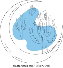 Desert vibes minimal line art print. Hand drawn linear moon and saguaro cactus with abstract blue shape. Vector isolated clip art of desert night.