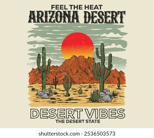 Vibras del desierto con obras de arte de montaña. Obra de arte de impresión gráfica del desierto de Arizona. Diseño de camiseta gráfica de árbol de cactus. Arte de aventura del desierto. Diseño de impresión vintage de Arizona para camiseta. Siente el calor.