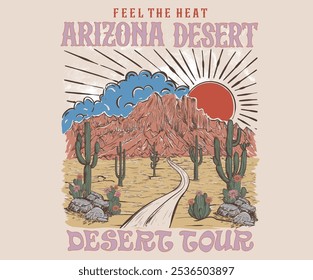 Vibras del desierto con obras de arte de montaña. Obra de arte de impresión gráfica del desierto de Arizona. Diseño gráfico de camiseta de viaje por carretera. Arte de aventura del desierto. Diseño de impresión vintage de Arizona para camiseta. Siente el calor.